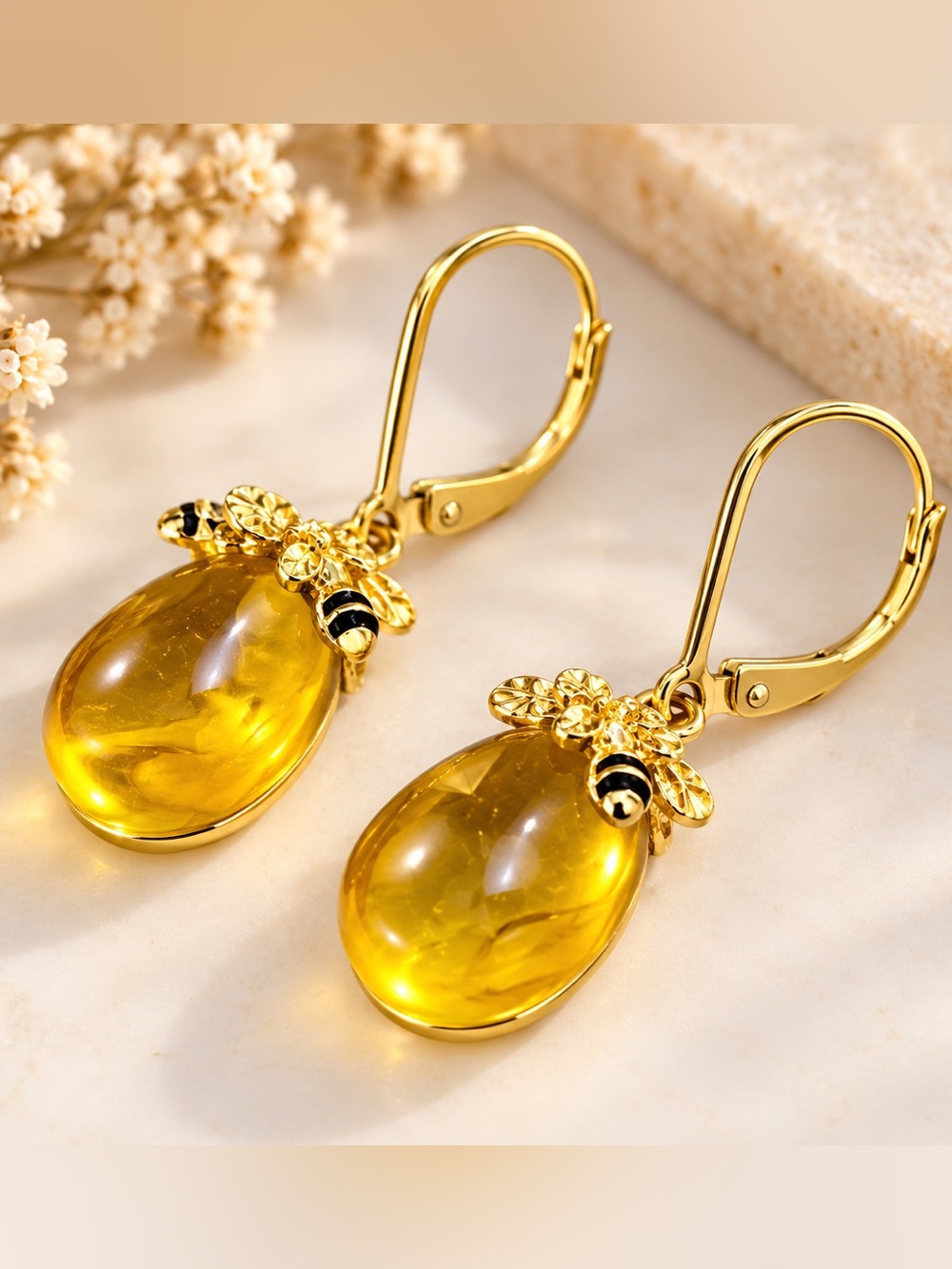 925s Gold Honey Bee Amber Lever Earrings